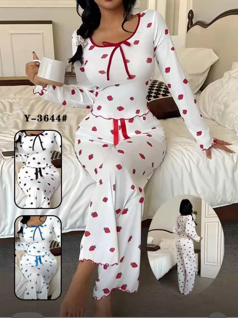 طقم بيجاما أبيض بقلوب وربطات حمراء