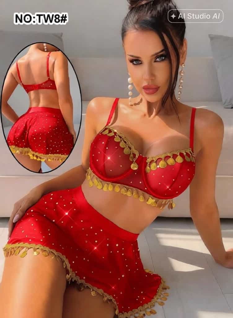 طقم لانجري أحمر بحواف ذهبية