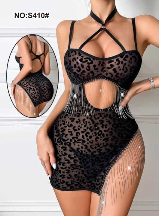 بودي لانجري أسود بنقشة دانتيل
