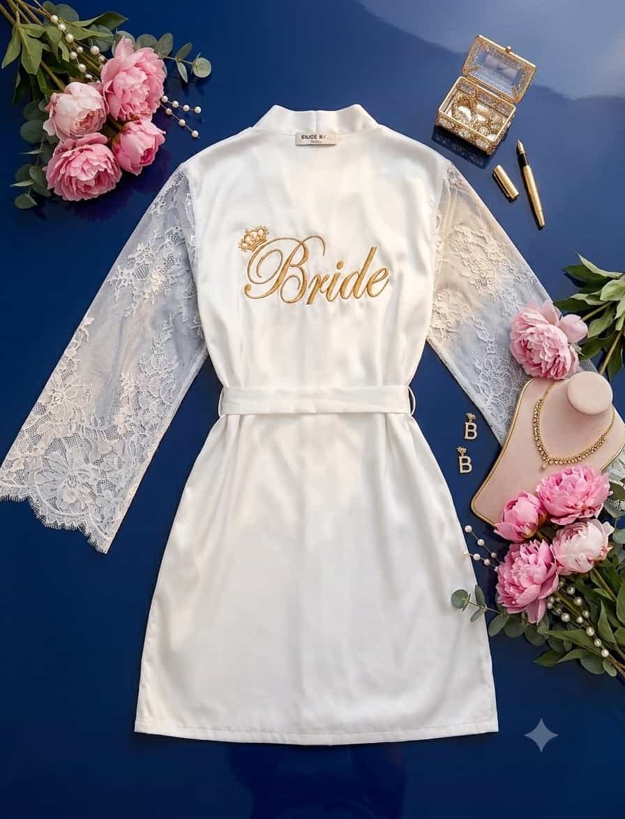 روب أبيض بتفاصيل دانتيل وكتابة Bride